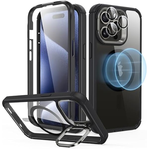 iPhone 15 Pro Max Case with Stand, MagSafe Compatible, Military Grade | Full-Body Drop Proof | Built-in 9H+ Tempered Glass Screen Protector | Armor Series | Clear Black