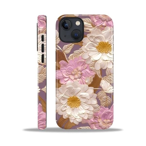 Case for iPhone 15 [Pink Imitation Embroidery Flowers Design] - Hybrid Dual Protection Soft TPU + Hard PC, Shockproof & Anti-Scratch Cover Men Women Stylish Protective Phone Case