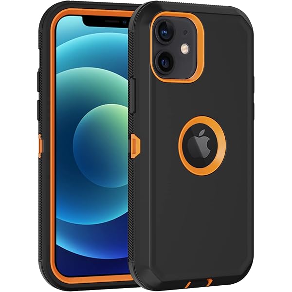 for iPhone 12 Case, iPhone 12 Pro Case, with Built in Screen Protector Heavy Duty Drop Protection Shockproof Dust Proof Protective Phone Cover for Apple iPhone 12/12 Pro (Black/Orange)