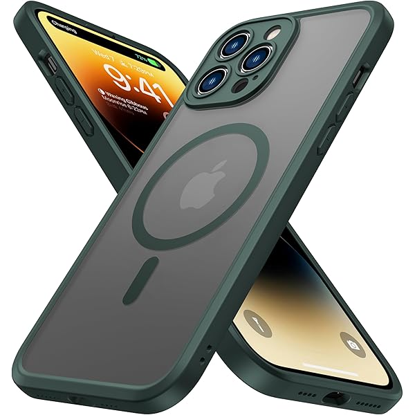 Magnetic iPhone 14 Pro Max Case with Camera Protection | Military Grade Drop Tested | Compatible with MagSafe | Slim Translucent Matte | 6.7" | Dark Green